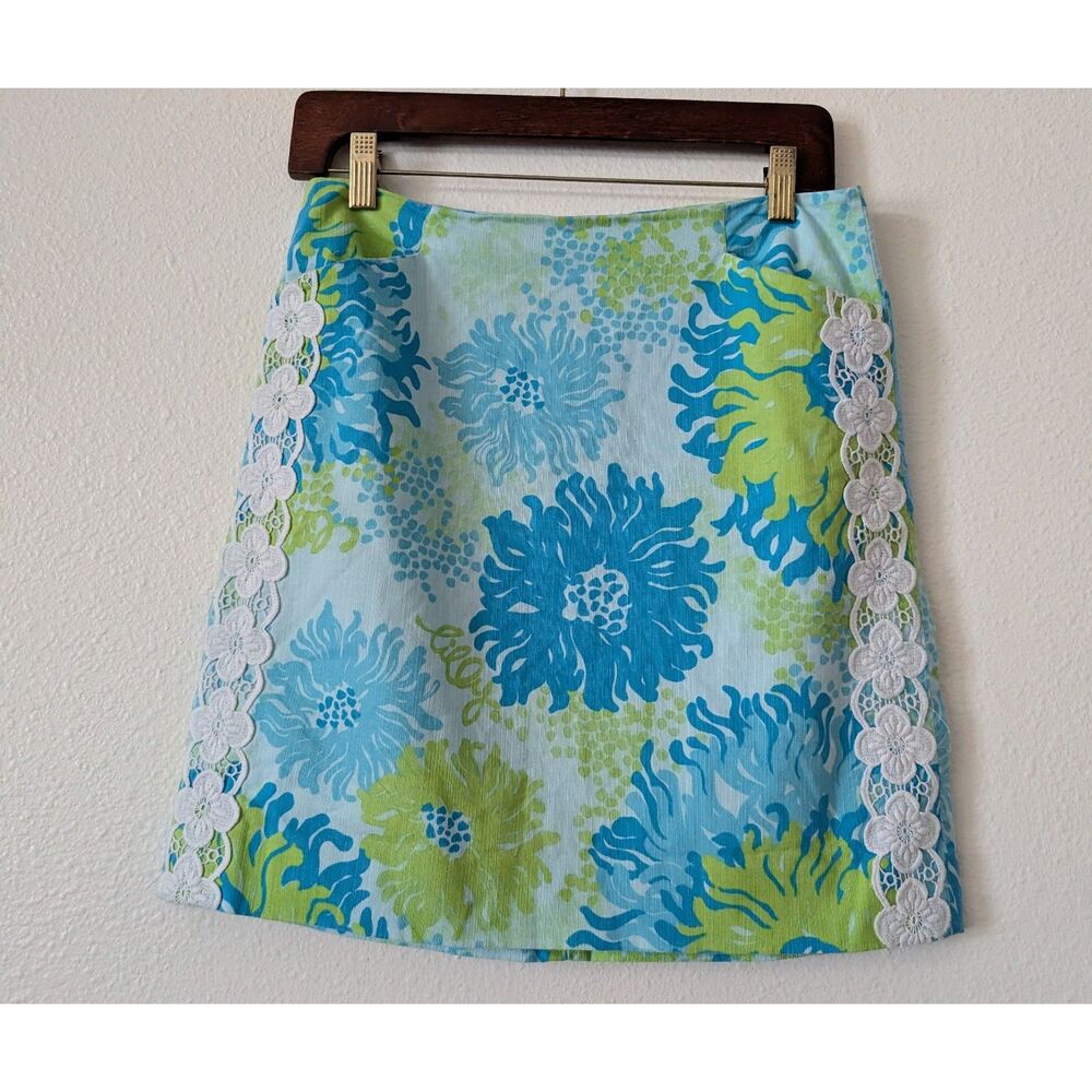 Lilly Pulitzer Floral Mini Skirt Cotton Blue Green White Lace Trim 2 - Picture 7 of 11